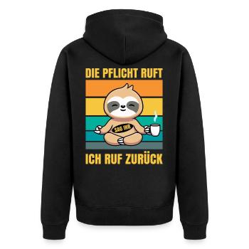 Die Pflicht ruft sag ihr ich rufe zurück - Unisex Premium Bio Zip Hoodie - Schwarz - Hinten - Nico (187cm)