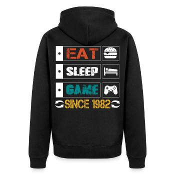 Eat, Sleep, Game, Repeat, Controller, since 1982 - Unisex Premium Bio Zip Hoodie - Schwarz - Hinten - Nico (187cm)
