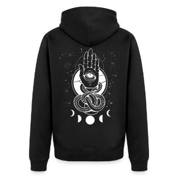 Hamsa Fatima Hand Occult Symbol - Unisex Premium Bio Zip Hoodie - Schwarz - Hinten - Nico (187cm)