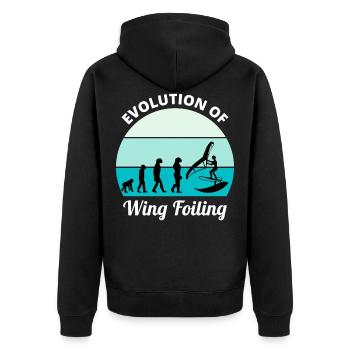 Wing Foiling Evolution Lustig - Unisex Premium Bio Zip Hoodie - Schwarz - Hinten - Nico (187cm)