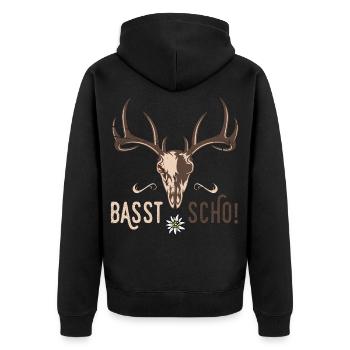 Basst Scho Hirsch Geweih Bayern Bayrischer Dialekt - Unisex Premium Bio Zip Hoodie - Schwarz - Hinten - Nico (187cm)