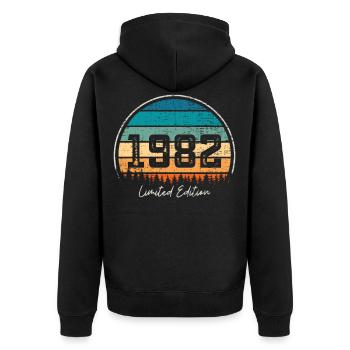 Vintage 1982 Limited Edition Retro Sonnenuntergang - Unisex Premium Bio Zip Hoodie - Schwarz - Hinten - Nico (187cm)