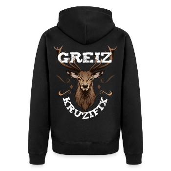 Greiz Kruzifix Fluchen bayrischer Dialekt Hirsch - Unisex Premium Bio Zip Hoodie - Schwarz - Hinten - Nico (187cm)