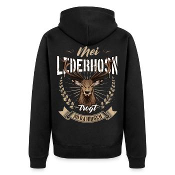 Mei Lederhosn trogt no da Hirsch Trachten Sprüche - Unisex Premium Bio Zip Hoodie - Schwarz - Hinten - Nico (187cm)