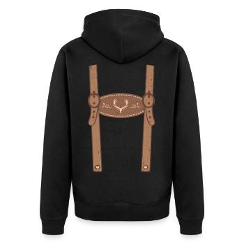 Lederhose Attrappe Fake Tracht Ersatz - Unisex Premium Bio Zip Hoodie - Schwarz - Hinten - Nico (187cm)