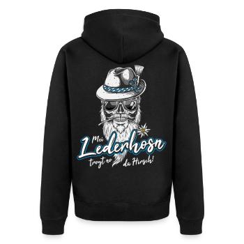 Mei Lederhosn trogt no da Hirsch Ersatz Tracht Bua - Unisex Premium Bio Zip Hoodie - Schwarz - Hinten - Nico (187cm)