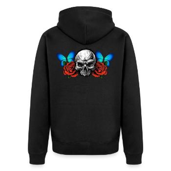 Totenkopf Totenschädel Rosen Blumen Schmetterling - Unisex Premium Bio Zip Hoodie - Schwarz - Hinten - Nico (187cm)