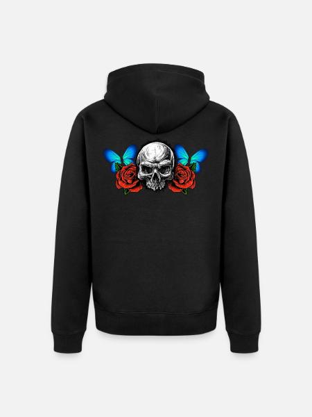 Skull Skull Roses Flowers Butterfly - Unisex Premium Organic Zip Hoodie - black