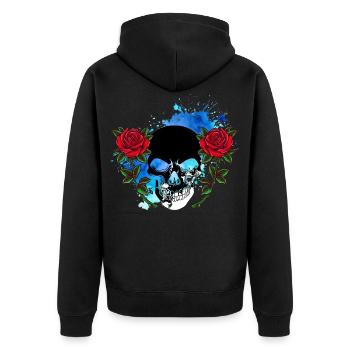 Totenkopf Skull Totenschädel Rosen Blumen Splash - Unisex Premium Bio Zip Hoodie - Schwarz - Hinten - Nico (187cm)