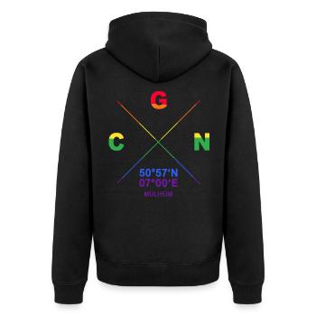 CGN Köln Mülheim Veedel Koordinaten Gay Pride CSD - Unisex Premium Bio Zip Hoodie - Schwarz - Hinten - Nico (187cm)