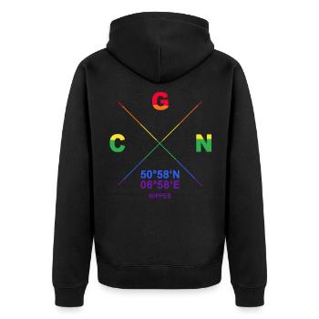 CGN Nippes Veedel Koordinaten Gay Pride CSD - Unisex Premium Bio Zip Hoodie - Schwarz - Hinten - Nico (187cm)