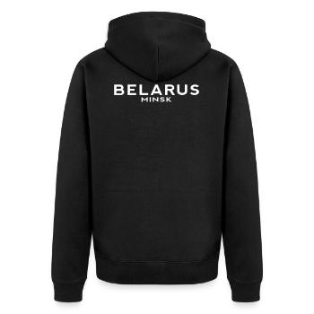 Belarus Minsk: BY, BLR - Unisex Premium Bio Zip Hoodie - Schwarz - Hinten - Nico (187cm)