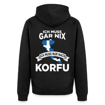 Ich muss gar nix ich muss nur nach Korfu - Unisex Premium Bio Zip Hoodie - Schwarz - Hinten - Nico (187cm)