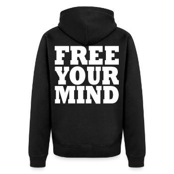 Free your mind - Unisex Premium Bio Zip Hoodie - Schwarz - Hinten - Nico (187cm)