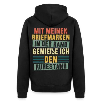 Mit meinen Briefmarken genieße ich den Ruhestand - Unisex Premium Bio Zip Hoodie - Schwarz - Hinten - Nico (187cm)