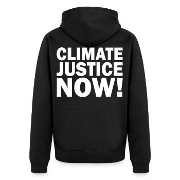 Climate justice now - Unisex Premium Bio Zip Hoodie - Schwarz - Hinten - Nico (187cm)