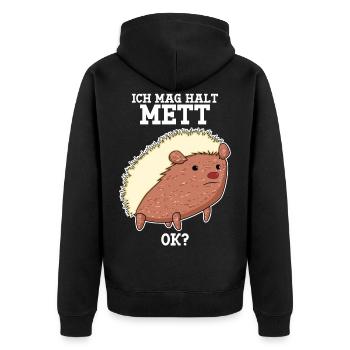 Mettigel Hackfleisch Ich mag Mett - Unisex Premium Bio Zip Hoodie - Schwarz - Hinten - Nico (187cm)
