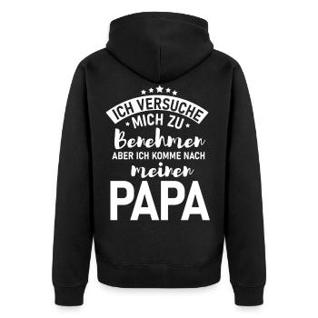 Ich versuche mich zu benehmen Papa Shirt - Unisex Premium Bio Zip Hoodie - Schwarz - Hinten - Nico (187cm)
