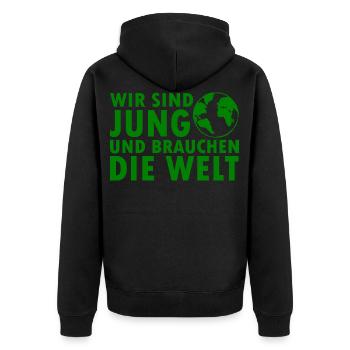 Wir sind jung und brauchen die welt - Unisex Premium Bio Zip Hoodie - Schwarz - Hinten - Nico (187cm)