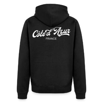 Côte d´Azur Curved Writing France Saint Tropez - Unisex Premium Bio Zip Hoodie - Schwarz - Hinten - Nico (187cm)