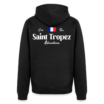 Saint Tropez Club Sea Adventure - Unisex Premium Bio Zip Hoodie - Schwarz - Hinten - Nico (187cm)