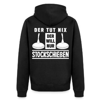 Eisstock Stockschießen Winter Stocksport - Unisex Premium Bio Zip Hoodie - Schwarz - Hinten - Nico (187cm)