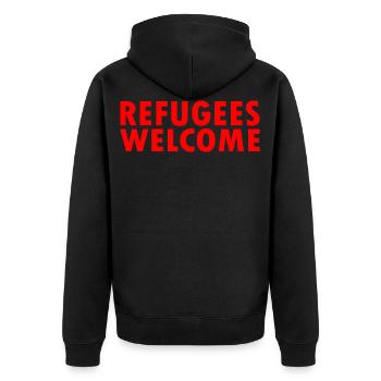 refugees welcome - Unisex Premium Bio Zip Hoodie - Schwarz - Hinten - Nico (187cm)