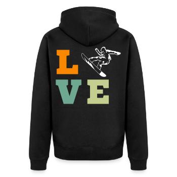 LOVE Snowboard Design – Sportlicher Style - Unisex Premium Bio Zip Hoodie - Schwarz - Hinten - Nico (187cm)