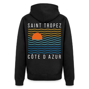 Saint Tropez Cote D´Azur Summer - Unisex Premium Bio Zip Hoodie - Schwarz - Hinten - Nico (187cm)
