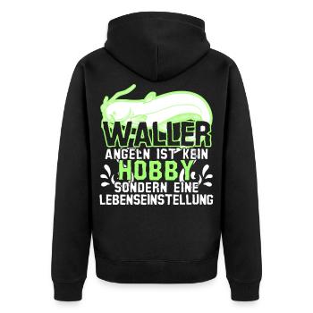 Waller Angeln Fischen Fischer Angler - Unisex Premium Bio Zip Hoodie - Schwarz - Hinten - Nico (187cm)
