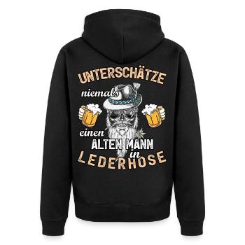 Alter Mann Lederhose Ersatz Tracht - Unisex Premium Bio Zip Hoodie - Schwarz - Hinten - Nico (187cm)