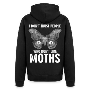 Motten Meme Spruch Motte - Unisex Premium Bio Zip Hoodie - Schwarz - Hinten - Nico (187cm)