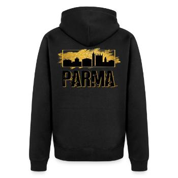 Parma Italien Stadt Skyline Heimat Liebe Gold - Unisex Premium Bio Zip Hoodie - Schwarz - Hinten - Nico (187cm)