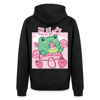 Cottagecore Aesthetic Frosch Trinkt Japanese Milk - Unisex Premium Bio Zip Hoodie - Schwarz - Hinten - Nico (187cm)