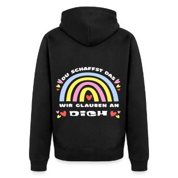 GLÜCKSBRINGER Du schaffst das! Wir glauben an dich - Unisex Premium Bio Zip Hoodie - Schwarz - Hinten - Nico (187cm)