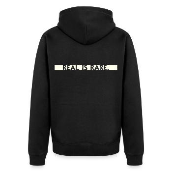 rare is real Statement Typo Spruch minimalistisch - Unisex Premium Bio Zip Hoodie - Schwarz - Hinten - Nico (187cm)