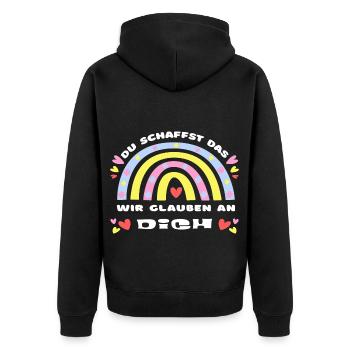 GLÜCKSBRINGER Du schaffst das! Wir glauben an dich - Unisex Premium Bio Zip Hoodie - Schwarz - Hinten - Nico (187cm)