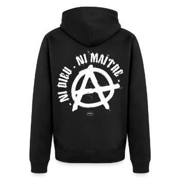 Weder Gott noch Meister - Unisex Premium Bio Zip Hoodie - Schwarz - Hinten - Nico (187cm)
