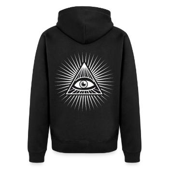 illuminati sehendes Auge erleuchtet fun cool love - Unisex Premium Bio Zip Hoodie - Schwarz - Hinten - Nico (187cm)