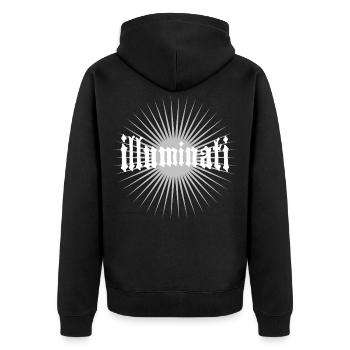 illuminati star fun Schrift geheim Verschwörung  - Unisex Premium Bio Zip Hoodie - Schwarz - Hinten - Nico (187cm)