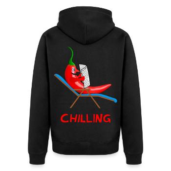 chilli, chilling, Chillischote, faulpelz, faul - Unisex Premium Bio Zip Hoodie - Schwarz - Hinten - Nico (187cm)