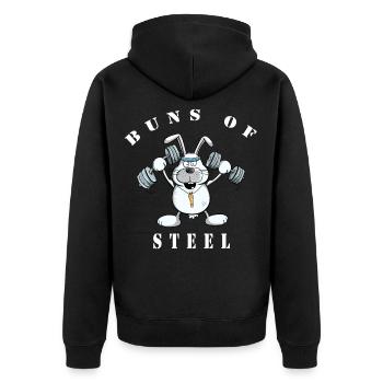 Cooler Buns Of Steel Hase Macht Krafttraining - Unisex Premium Bio Zip Hoodie - Schwarz - Hinten - Nico (187cm)