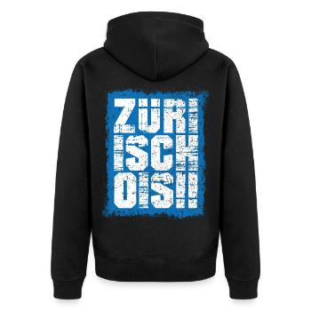 Züri isch ois - Zürich - Unisex Premium Bio Zip Hoodie - Schwarz - Hinten - Nico (187cm)