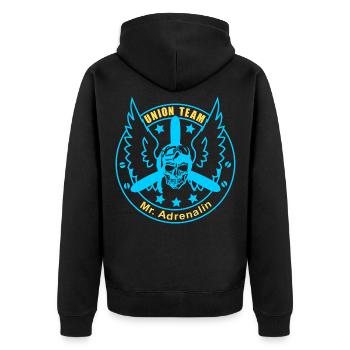 ut mr adrenaline yellow blue - Unisex Premium Organic Zip Hoodie - black - Back - Nico (187cm)