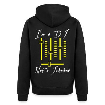 I'm A DJ - Not A Jukebox - Unisex Premium Bio Zip Hoodie - Schwarz - Hinten - Nico (187cm)