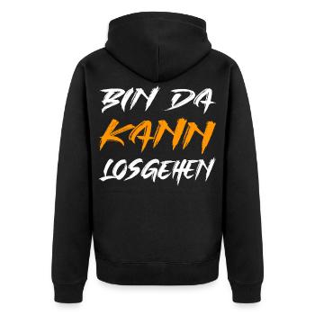 Bin da kann losgehen - Unisex Premium Bio Zip Hoodie - Schwarz - Hinten - Nico (187cm)