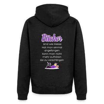 Bücher sind wie Kekse. Hat man einmal angefangen.. - Unisex Premium Bio Zip Hoodie - Schwarz - Hinten - Nico (187cm)