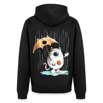 Katze im Regen mit Regenschirm I Hundewetter - Unisex Premium Bio Zip Hoodie - Schwarz - Hinten - Nico (187cm)