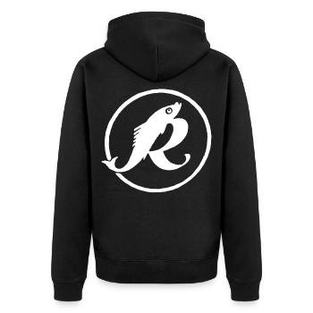 Rostocker Fischkombinat - Unisex Premium Bio Zip Hoodie - Schwarz - Hinten - Nico (187cm)