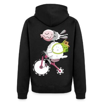 Schaf fährt Fahrrad - Unisex Premium Bio Zip Hoodie - Schwarz - Hinten - Nico (187cm)